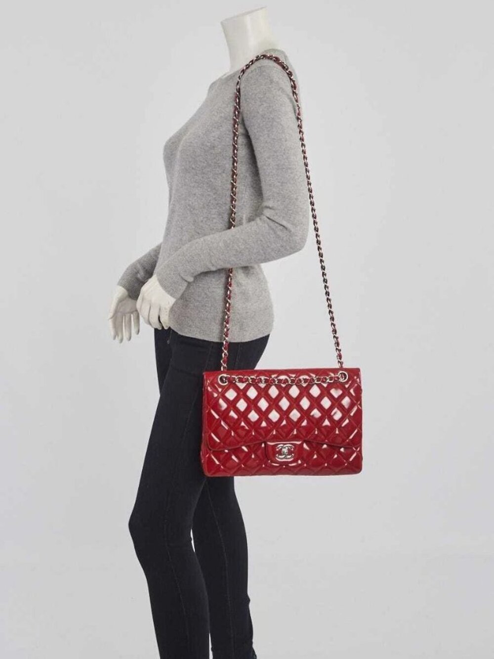 Chanel Red Quilted Patent Leather Classic Jumbo Double Flap Bag - Picture 2 of 12